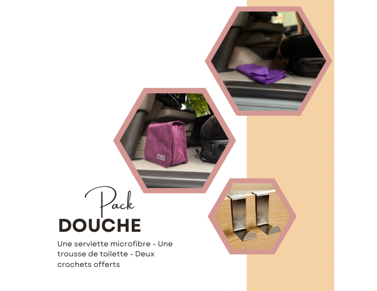 Pack Douche : Une serviette microfibre - Une trousse de toilette suspendue - Deux crochets offerts