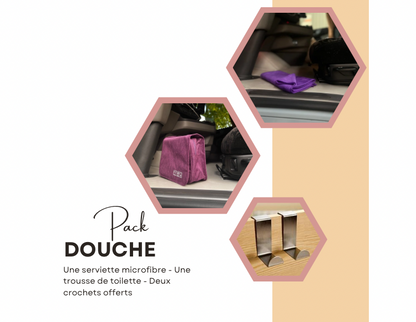 Pack Douche : Une serviette microfibre - Une trousse de toilette suspendue - Deux crochets offerts