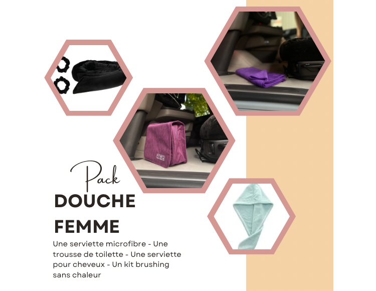 Pack Douche Femme - Une serviette microfibre - Une trousse de toilette suspendue - Une serviette pour cheveux - Un Kit boucles sans chaleur