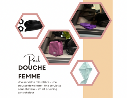 Pack Douche Femme - Une serviette microfibre - Une trousse de toilette suspendue - Une serviette pour cheveux - Un Kit boucles sans chaleur